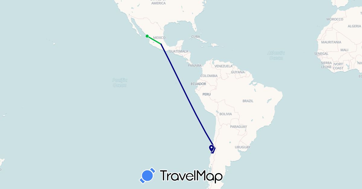 TravelMap itinerary: driving, bus in Chile, Mexico (North America, South America)
